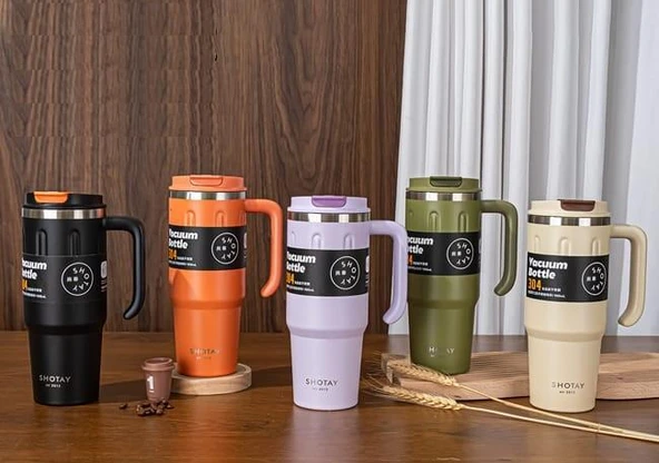 Shotay Travel Çelik Termos Mug 900Ml Krem - Resim 9