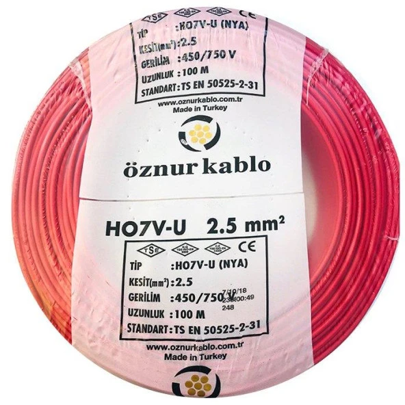 Öznur 2,5mm2 Nya Kablo Tek Damar Kırmızı Kablo 100 ürün görseli 1