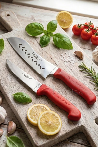 LAZBİSA Gold Serisi Mutfak Bıçak Seti Et Ekmek Sebze Salata Kıyma Şef Bıçağı Kanallı 2 Li Set (MFT-8654) ürün görseli 1