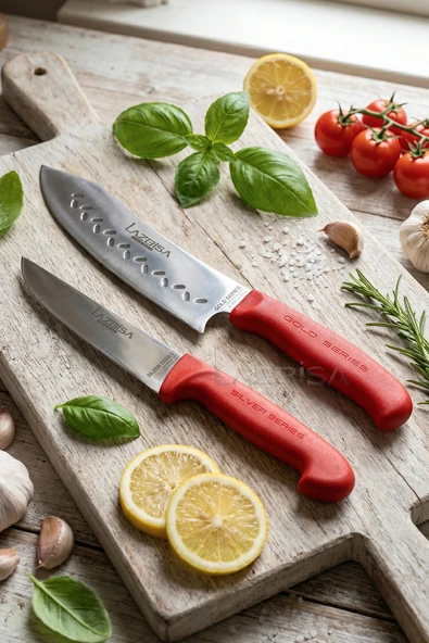 LAZBİSA Gold Serisi Mutfak Bıçak Seti Et Ekmek Sebze Şef Bıçağı Kanallı 2 Li Set (MFT-865) ürün görseli 1