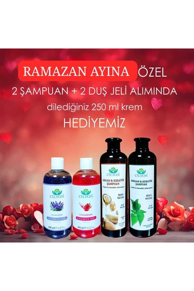 CİLTON  ARGAN & KERATİN ŞAM.ISIRGAN& KERATİNLİ ŞAM.LAVANTALI ve çilekli DUŞ JELİ SETİ ürün görseli 1