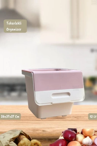 Tekli Tekerlekli Patateslik Soğanlık Oyuncak Kutusu Patates Soğan Sepeti Motek Beyaz-Pembe 12 Lt ürün görseli 1