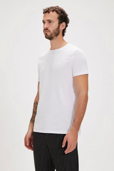Solid T-Shirt Beyaz Basic Erkek Tişört - Resim 2