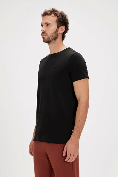 Solid T-Shirt Siyah Basic Erkek Tişört - Resim 2