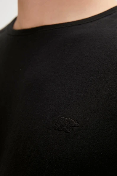 Solid T-Shirt Siyah Basic Erkek Tişört - Resim 3