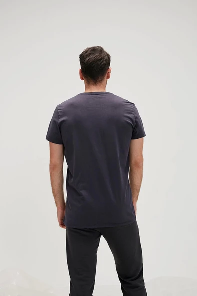Solid T-Shirt Antrasit Basic Erkek Tişört - Resim 2