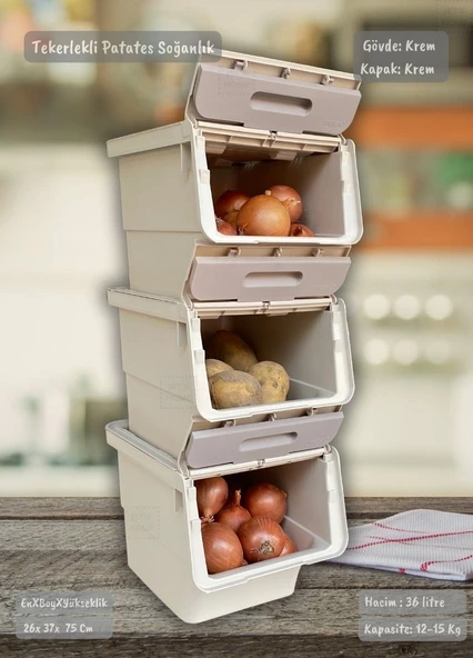 3’lü Tekerlekli Patateslik Soğanlık Oyuncak Kutusu Patates Soğan Sepeti Motek Krem 36 Lt ürün görseli 1