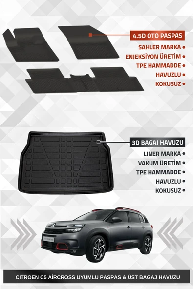 Sahler C5 Aircross 2019-2025 Uyumlu 4.5D Premium Havuzlu Oto Paspas Ve Liner Marka 3D ÜST Bagaj Havuzu ürün görseli 1