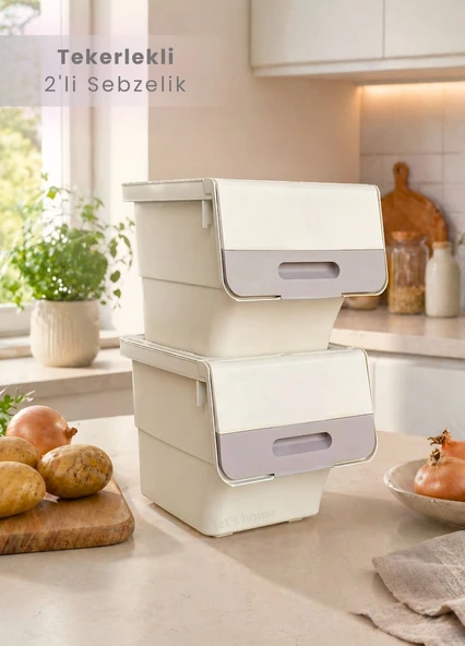 2’li Tekerlekli Krem-Bej Sebzelik - Patates Soğan Sepeti Organizer - 24 L Hava Alan Kutu ürün görseli 1
