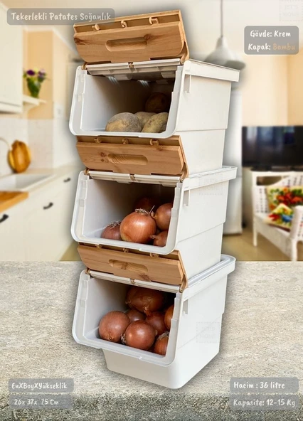3’lü Tekerlekli Bambu Renk Sebzelik - Patates Soğan Sepeti Organizer - 36 L Hava Alan Kutu ürün görseli 1