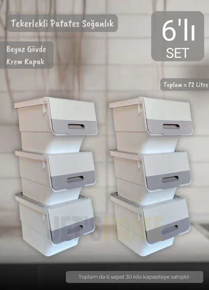 6'lı Krem Beyaz Tekerlekli Sebzelik Patates Soğan Sepeti Organizer Kutu Soğanlık Patateslik 72 L ürün görseli 1