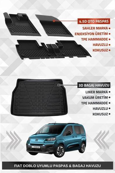 Sahler Fiat Doblo 2023+ Uyumlu 4.5D Premium Havuzlu Oto Paspas Ve Liner Marka 3D Bagaj Havuzu ürün görseli 1
