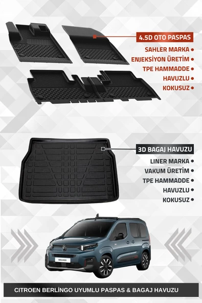 Sahler Citroen Berlingo 2019+ Uyumlu 4.5D Premium Havuzlu Oto Paspas Ve Liner Marka 3D Bagaj Havuzu ürün görseli 1