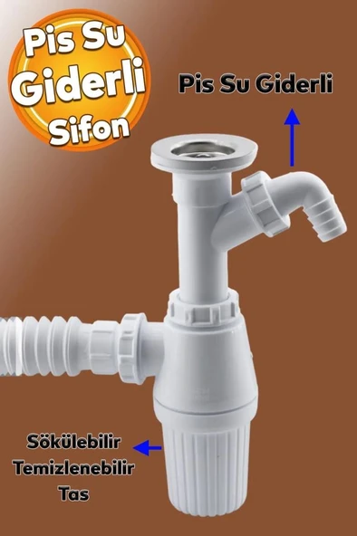 Gama Sökülebilir Pis Su Giderli Tas'lı Çift Lavabo Gideri Evye Sifonu Körüklü Mutfak Banyo Borusu ürün görseli 1