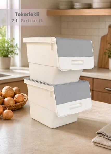 2'li Patates Soğan Sepeti Beyaz-Gri Tekerlekli Kapaklı Havalandırmalı 24 Litre Sebzelik Organizer ürün görseli 1