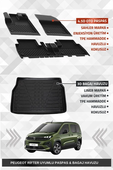 Sahler Peugeot Rifter 2019+ Uyumlu 4.5D Premium Havuzlu Oto Paspas Ve Liner Marka 3D Bagaj Havuzu ürün görseli 1