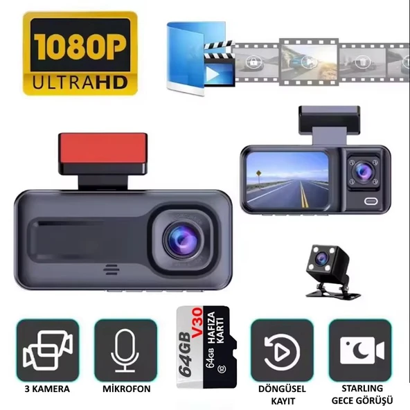 MPIA CC38 64GB Üç Kameralı (Ön+ İç+ Arka) Araç İçi Kamera WiFi Viidure App ürün görseli 1