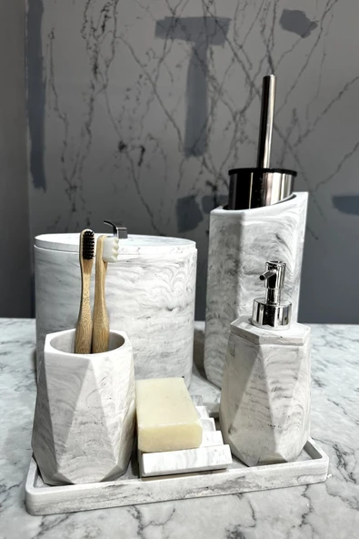 Betonmall 8 Parça Mermer Desenli Beton Banyo Seti Katı Sıvı Sabunluk Diş Fırçalık Çöp Kovası Tuvalet Fırçalığı ürün görseli 1