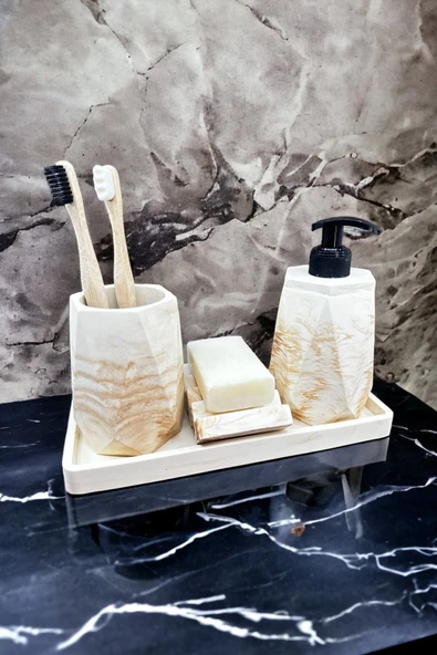 Betonmall 4 Parça Mermer Desenli Beton Banyo Seti Katı Sıvı Sabunluk Diş Fırçalık Tepsi ürün görseli 1