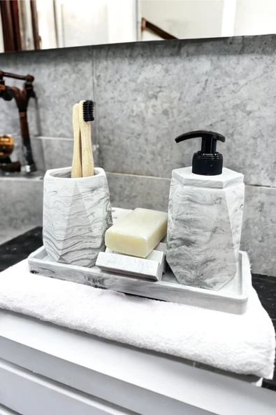 Betonmall 4 Parça Mermer Desenli Beton Banyo Seti Katı Sıvı Sabunluk Diş Fırçalık Tepsi ürün görseli 1