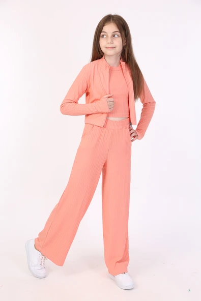 Toontoy Kız Çocuk 3'lü Takım Dik Yaka Fermuarlı Sweatshirt & Bisiklet Yaka Atlet & Beli Lastikli Bol Paça Eşofman Altı - Fitilli ürün görseli 1