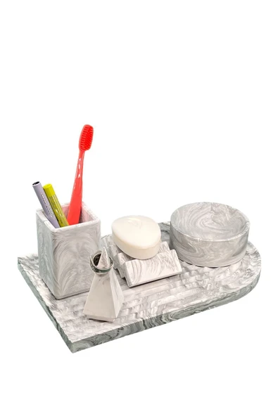 Betonmall 5 Parça Organizerli Beton Banyo Seti Katı Sabunluk Yüzüklük Diş Fırçalık Sunum Tepsisi Organizer ürün görseli 1