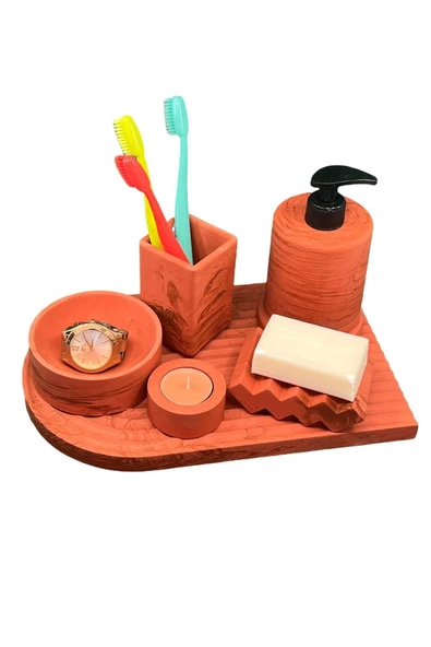 Betonmall 6'lı Mermer Desenli Terracotta Beton Banyo Seti Tuvalet Wc Sıvı Sabunluk Diş Fırçalığı Takım ürün görseli 1