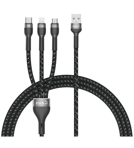 3in1 USB Dayanıklı File Örgü Hızlı Şarj Kablo 30cm ürün görseli 1