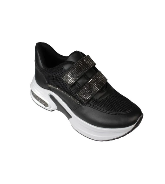 YAZKIŞ Kadın Siyah Beyaz Fileli Çırtlı Çırtı Ve Tabanı Taşlı 5cm kalın Taban Sneaker Fashıon Spor Ay ürün görseli 1