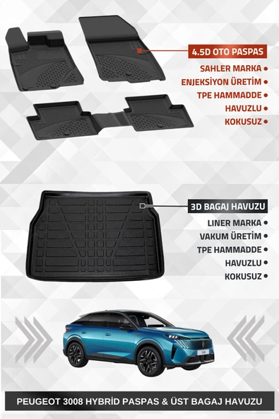 Sahler Peugeot 3008 2024+ Hybrid Uyumlu 4.5d Premium Havuzlu Oto Paspas ve Liner Marka 3D ÜST Bagaj Havuzu ürün görseli 1