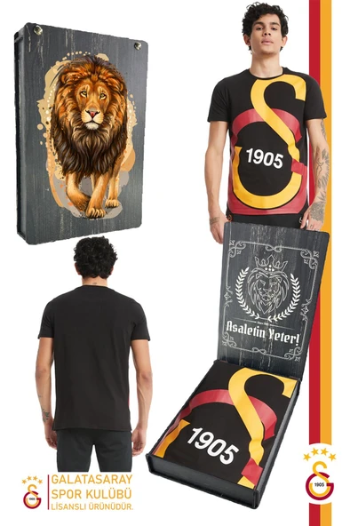 Galatasaray Orijinal Lisanslı Büyük Logolu T-Shirt Gs Aslan Baskılı Hediyelik Ahşap Kutulu ürün görseli 1