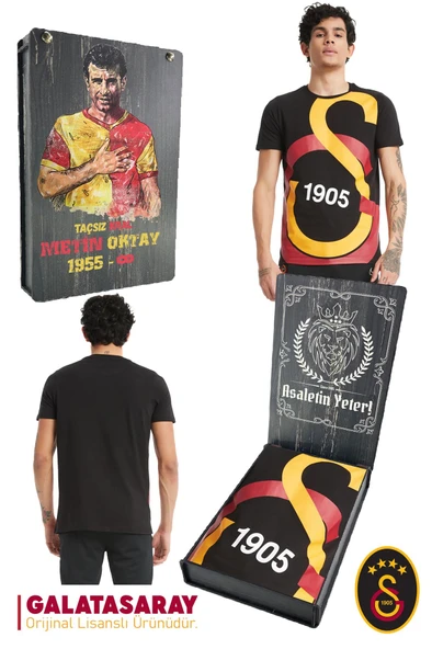 Galatasaray Orijinal Lisanslı Büyük Logolu T-Shirt Metin Oktay Baskılı Hediyelik Ahşap Kutulu ürün görseli 1