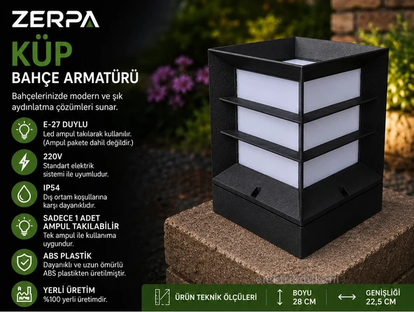 ZERPA Kare Küp Izgaralı SİYAH Bahçe Armatür ABS Plastik E-27 Duylu ürün görseli 1