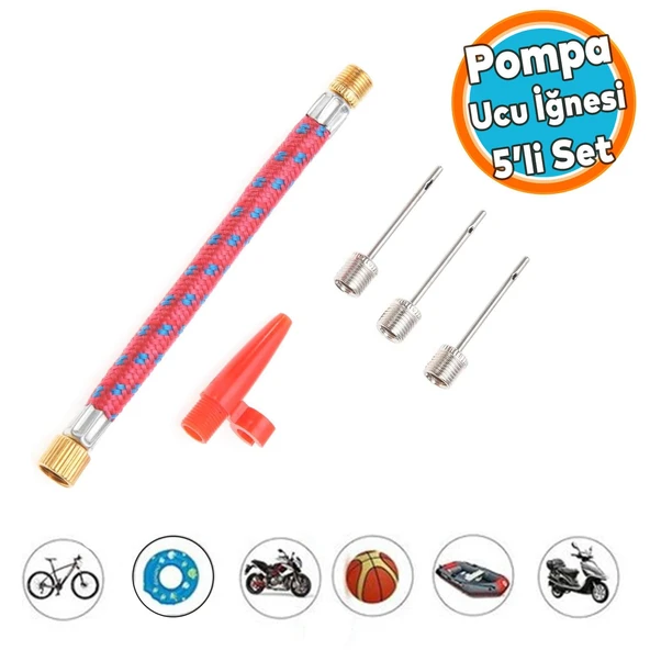 Pompa Ucu İğne Seti 5'li Hortum Bağlantılı Bisiklet Top Yat Şambrel Teker Şişirme Metal Plastik Jakı ürün görseli 1