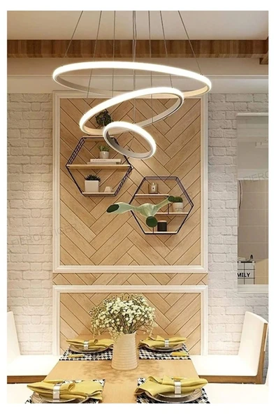 LEGACY  Rings Modern Tasarım Eskitme Renk - Yatak Odası - Salon - Çocuk Odası - Mutfak Beyaz Led 3 Lü Avize ürün görseli 1