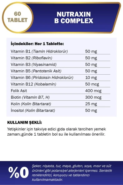 Nutraxin B Vitamin Complex 60 Tablet - Resim 3