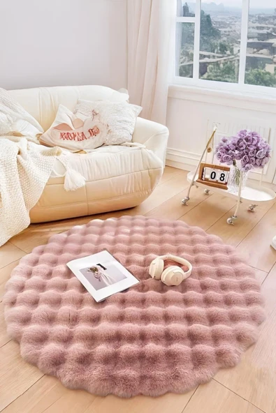 Bubble Yuvarlak Pembe Uzun Tüylü Yumuşak Peluş Kaymaz Yıkanabilir Salon Oturma Odası Balkon Halısı ürün görseli 1