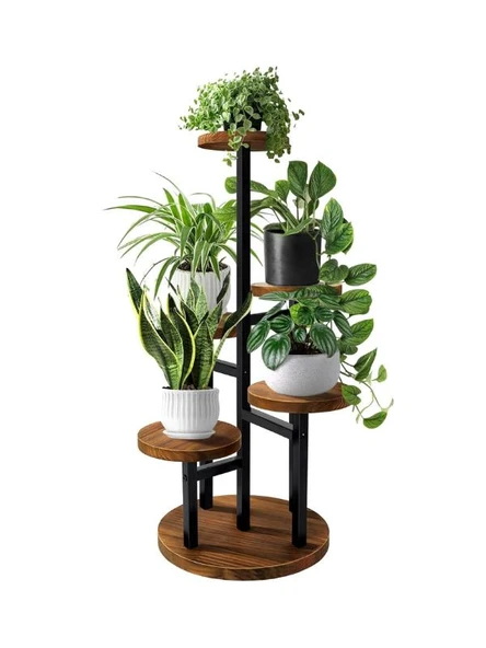 Çiçeklik 5 Raflı Saksılık Dekoratif 5 Raflı Çiçeklik Metal Doğal Ahşap Saksılık Çiçek Rafı Daire Model ürün görseli 1