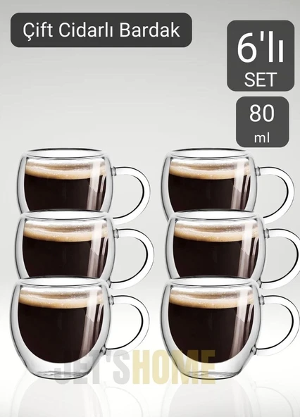 6’lı Set Kulplu Espresso Bardağı Doppio Ristretto Bardağı Çift Cidarlı Türk Kahvesi Bardak 80 ml ürün görseli 1