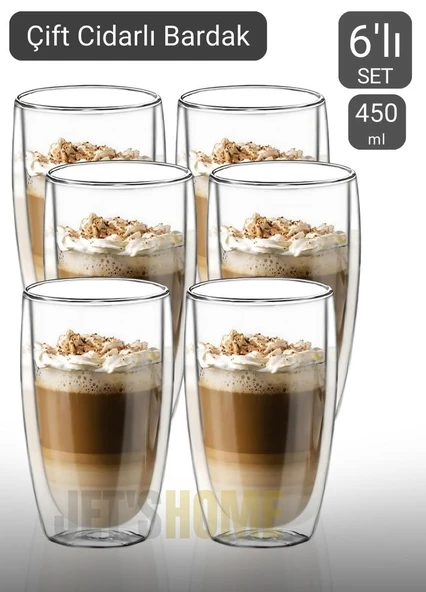6’lı Set Büyük Latte Bardağı Cappuccino Bardağı Çift Cidarlı Bardak Americano Bardağı 450 ml ürün görseli 1