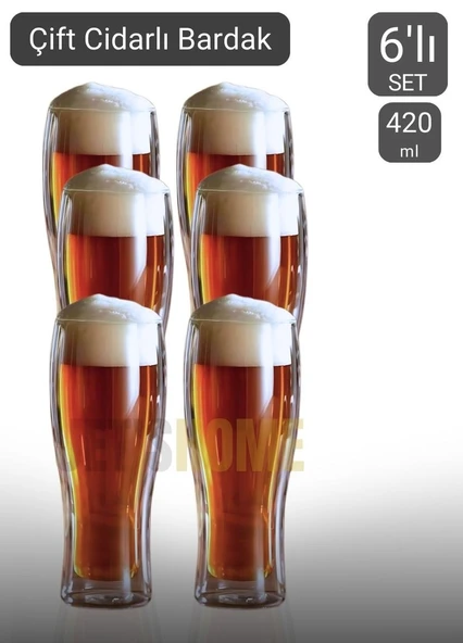 6'lı Meşrubat Bardağı Seti Çift Cidarlı Bira Bardağı 420 ml ürün görseli 1