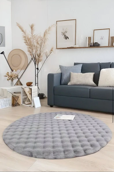 Bubble Yuvarlak Gri Uzun Tüylü Yumuşak Peluş Kaymaz Yıkanabilir Salon Oturma Odası Balkon Halısı ürün görseli 1