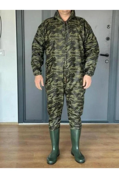 AHSEN EXPORT  kAMUFLAJ DESEN PVC Su Geçirmez Kapuşonlu, Çizmeli Boy Tulum ürün görseli 1