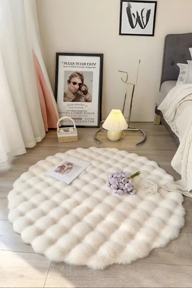 Bubble Yuvarlak Krem Uzun Tüylü Yumuşak Peluş Kaymaz Yıkanabilir Salon Oturma Odası Balkon Halısı ürün görseli 1