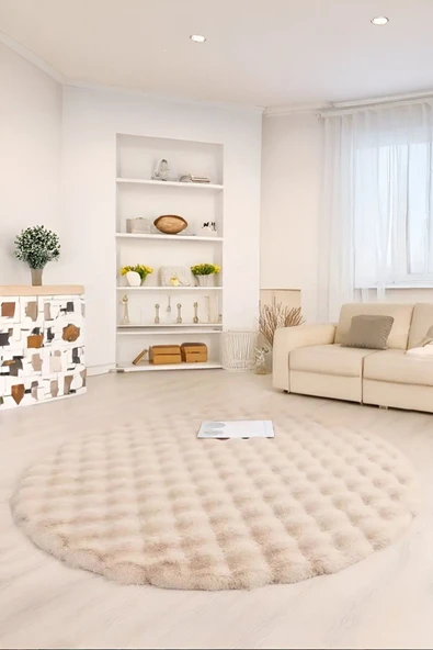 Bubble Yuvarlak Bej Uzun Tüylü Yumuşak Peluş Kaymaz Yıkanabilir Salon Oturma Odası Balkon Halısı ürün görseli 1