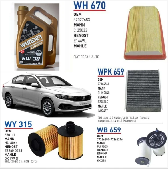 Fiat Egea 1.6 Multijet Motor Wunder Bakım Seti, Yağ Filtresi, Hava Filtresi, Yakıt Filtresi, Polen Filtresi, WUNDER DPF 5W-30 5LT Motor Yağı 5Lİ BAKIM SETİ ürün görseli 1