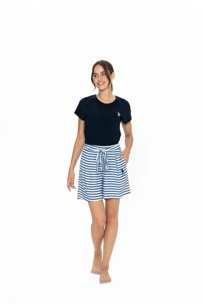 U.S. Polo Assn. Kadın Yuvarlak Yaka Alt Üst Bağcıklı Çizgili Pijama Şort Takım ürün görseli 1