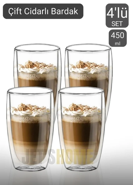 4’lü Set Büyük Latte Bardağı Cappuccino Bardağı Çift Cidarlı Bardak Americano Bardağı 450 ml ürün görseli 1