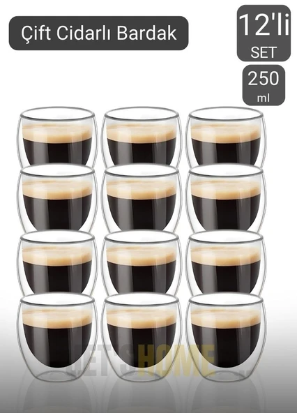 12’li Set Cappuccino Bardağı Latte Bardağı Çift Cidarlı Bardak Americano Bardağı 250 ml Kahve Bardak ürün görseli 1