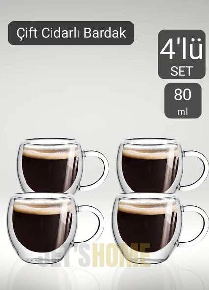 4’lü Set Kulplu Espresso Bardağı Doppio Ristretto Bardağı Çift Cidarlı Türk Kahvesi Bardak 80 ml ürün görseli 1